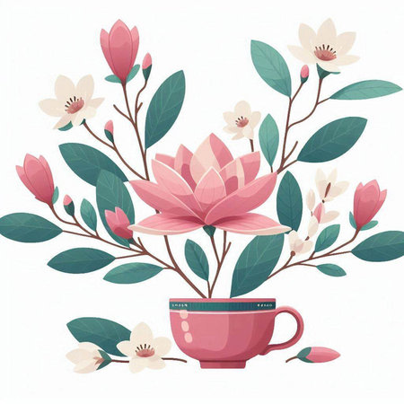 Cup of tea with pink magnolia flowers. Vector illustration.のイラスト素材