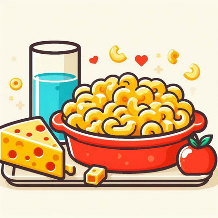 Illustration of a bowl of macaroni with cheese and tomatoのイラスト素材