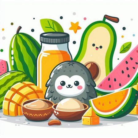 Vector illustration of fruits and berries. Cute kawaii hedgehog, mango, watermelon, coconut milk, honey in a bottle.のイラスト素材