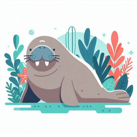 Vector illustration of cute seal on the background of the sea and plants.のイラスト素材