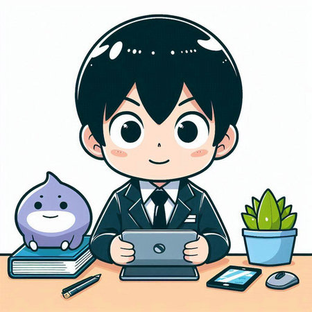 Illustration of a Kid Boy Sitting at His Desk Using a Tablet PCのイラスト素材