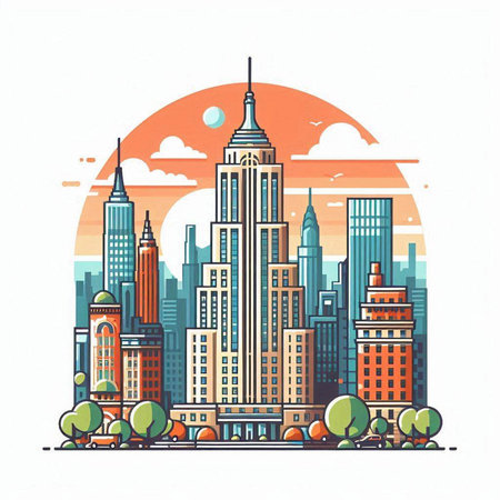 Cityscape with skyscrapers. Vector illustration in flat style.のイラスト素材