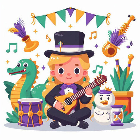 Cute little girl playing guitar and singing with her friends, vector illustrationのイラスト素材