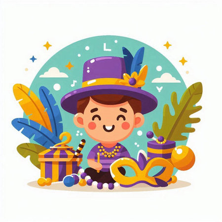 Cute cartoon boy with carnival costume and mask. Vector illustrationのイラスト素材