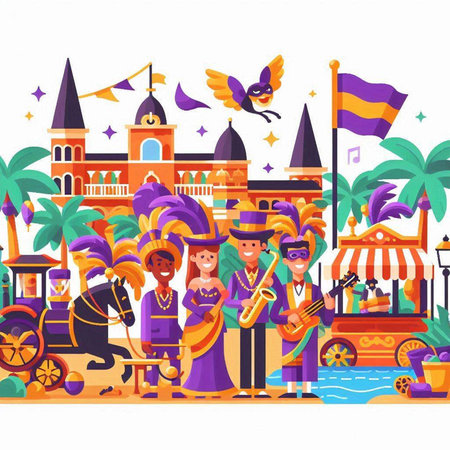 Mardi gras carnival flat vector illustration. Cartoon people in carnival costumes and masks.のイラスト素材