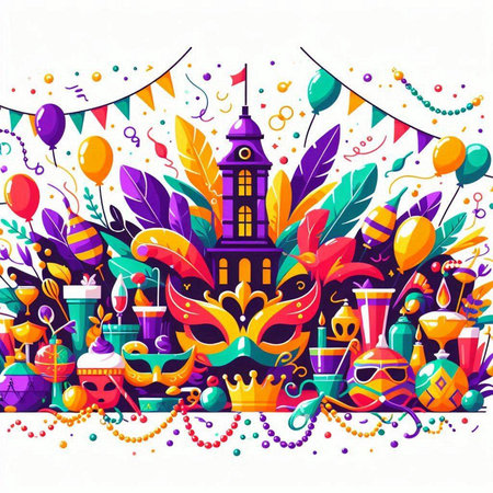 Mardi Gras background with carnival masks and party elements. Vector illustrationのイラスト素材