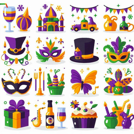 Mardi Gras party icon set in flat style. Vector illustrationのイラスト素材