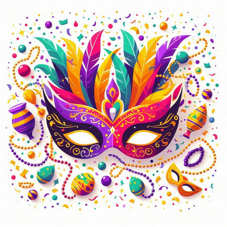 Mardi Gras colorful mask with feathers and beads. Vector illustration.のイラスト素材