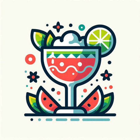 Cocktail icon with lime, ice and watermelon slices. Vector illustrationのイラスト素材