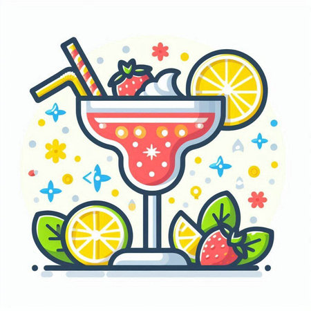 Cocktail with strawberries, lemon and mint. Vector illustration.のイラスト素材