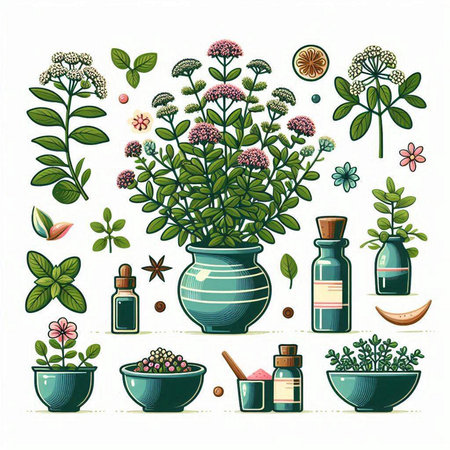 Set of medicinal plants and herbs. Vector illustration on white background.のイラスト素材
