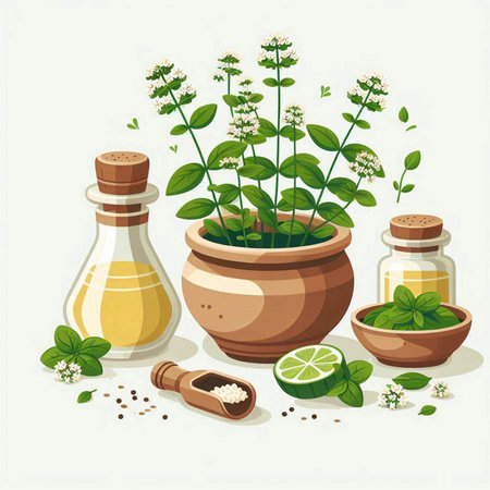 Oregano, thyme, mint, lemon, salt, pepper, olive oil. Vector illustration.のイラスト素材