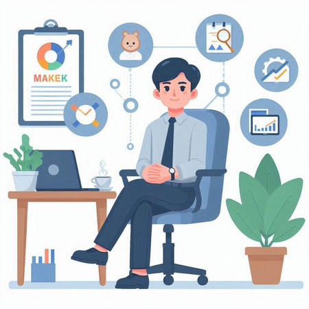 Businessman sitting on chair in office and working on laptop. Vector illustrationのイラスト素材