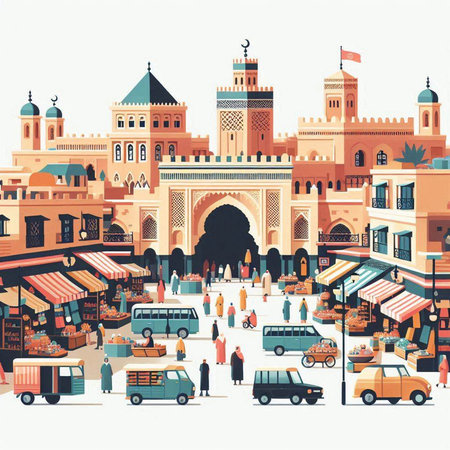 Kashan, Iran. Street market with muslim people. Vector illustrationのイラスト素材