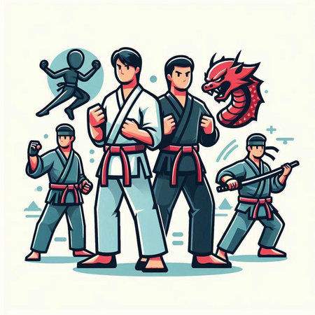 Tae Kwon Do martial arts vector illustration. Cartoon characters of karate fighters.のイラスト素材