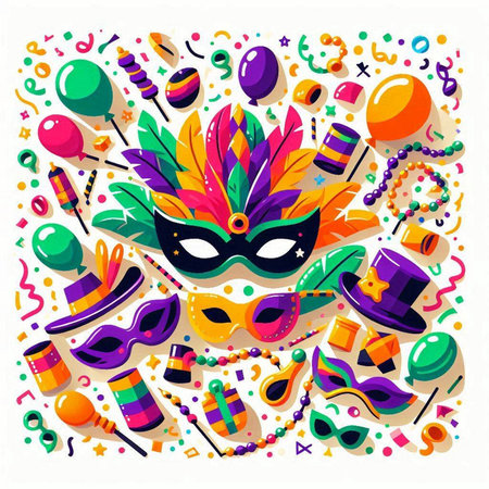 Mardi Gras carnival background with mask, hat, confetti and party items. Vector illustration.のイラスト素材