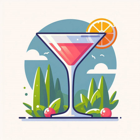 Cocktail in a glass on the beach. Vector illustration.のイラスト素材