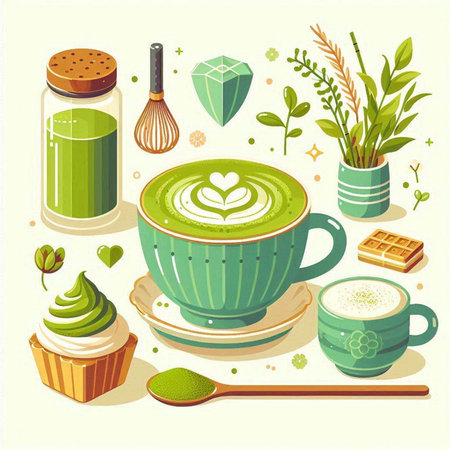 Matcha latte set. Vector illustration in a flat style.のイラスト素材