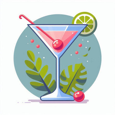 Cocktail with cherry and lime. Vector illustration in flat styleのイラスト素材