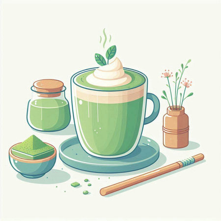 Matcha latte with whipped cream in a cup. Vector illustration.のイラスト素材