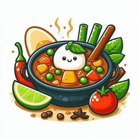 Soup with meat, vegetables and spices. Vector illustration in cartoon style.のイラスト素材
