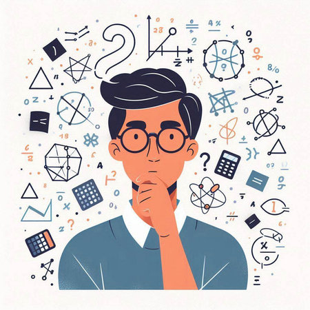 Vector illustration of young man thinking about science and education. Cartoon character in flat style.のイラスト素材