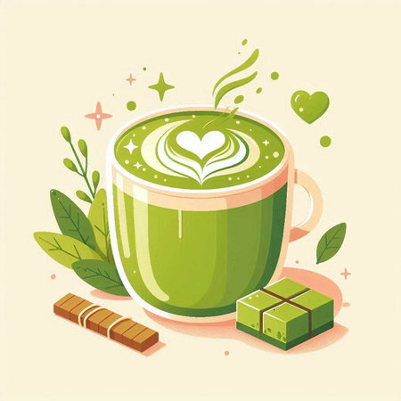 Cup of matcha latte on a light background. Vector illustration.のイラスト素材