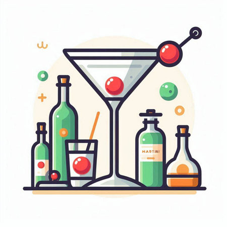 Cocktail party flat color vector icon. Alcohol drinksini, liqueurini, tequila, gin, vermouth, cognac, vermouth. Bar and restaurant illustrationのイラスト素材