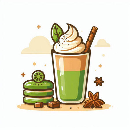 Coffee with macaroons and whipped cream, vector illustrationのイラスト素材