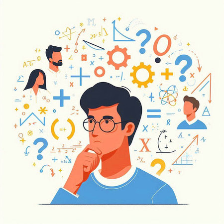 Thoughtful young man with question marks around his head. Vector illustrationのイラスト素材