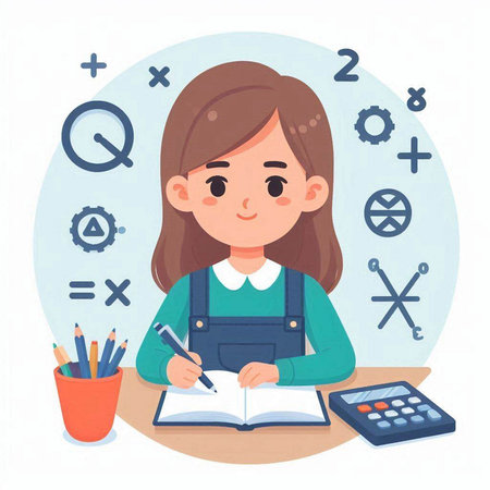 Cute schoolgirl doing homework. Vector illustration in cartoon style.のイラスト素材