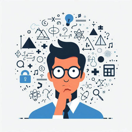Thinking man in glasses. Vector illustration in a flat style.のイラスト素材