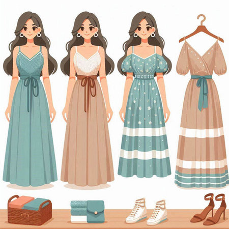 Fashionable woman in dress. Vector illustration. Set of clothes and accessories.のイラスト素材