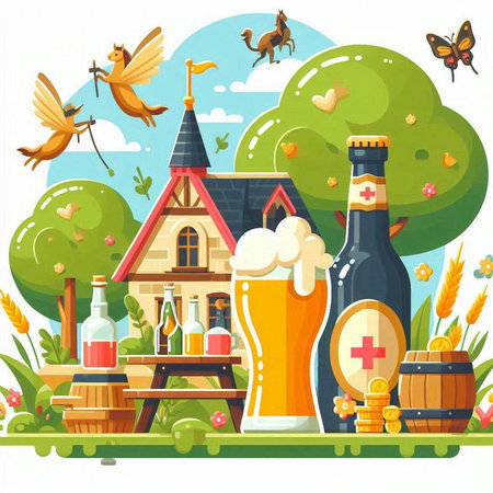 Beer festival flat vector illustration. Country house, beer glasses, wooden barrel, cupcakes, wings, flags.のイラスト素材