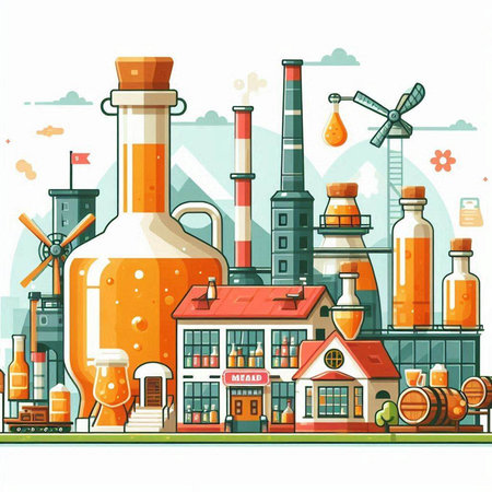 Chemical industry. Vector illustration of a chemical factory with pipes, chimneys and bottles.のイラスト素材