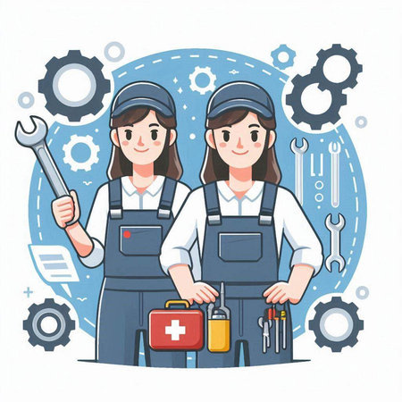 Two female workers with tools in their hands. Mechanic team. Vector illustration.のイラスト素材