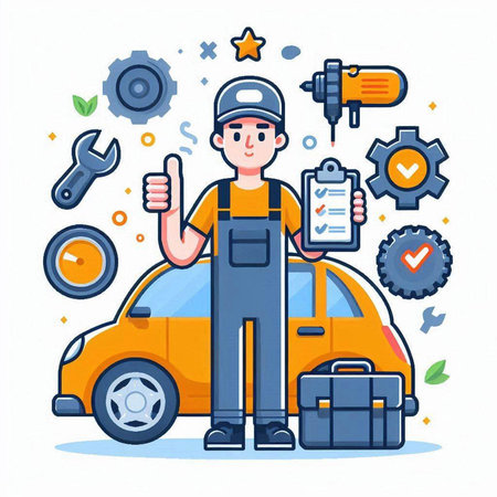 Auto service concept. Mechanic in coveralls standing near car. Vector illustrationのイラスト素材