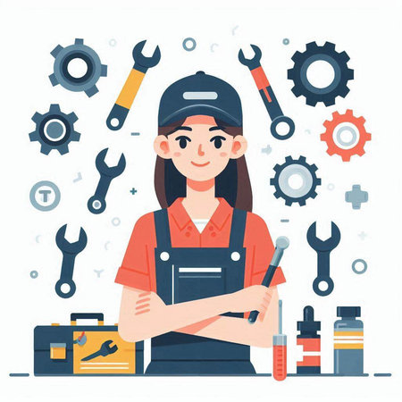 Female mechanic with tools. Vector illustration in a flat style on white background.のイラスト素材
