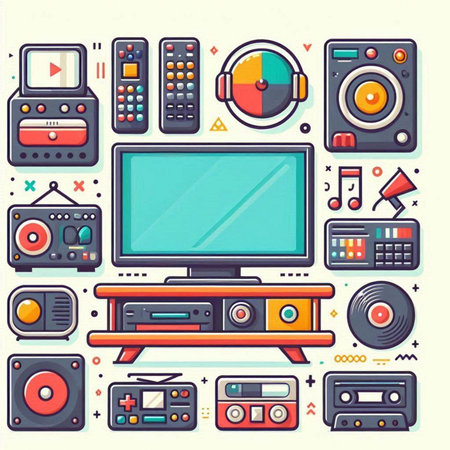 Vector illustration of home entertainment icons set in flat style. TV, radio, computer, video player, speaker, remote control and other electronic devices.のイラスト素材