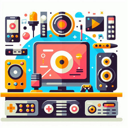 Vector illustration in flat design of modern music system with speakers and audio equipmentのイラスト素材