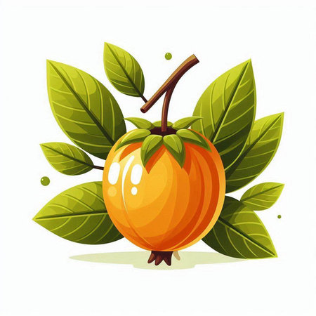 Persimmon fruit with leaves isolated on white background. Vector illustration.のイラスト素材