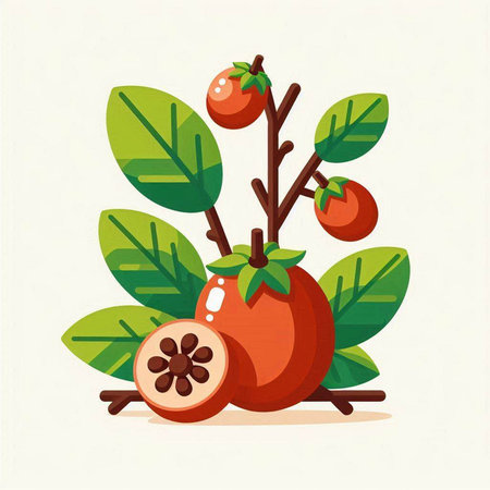 Ripe pomegranate fruits on branch with leaves. Vector illustration.のイラスト素材