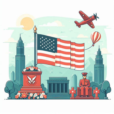 Vector illustration of United States of America Memorial with USA flag and airplaneのイラスト素材