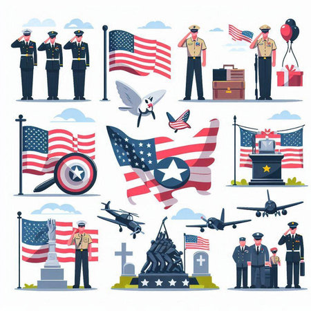 Patriotic American War Veterans Flat Vector Icons Set. Memorial Day, Memorial Day, Veteran's Day, Independence Day, President's Day Patriotic Symbols.のイラスト素材