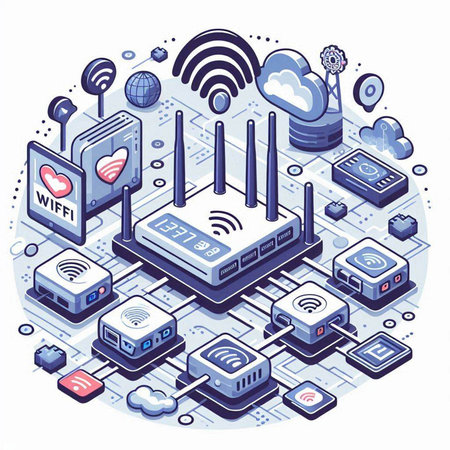 Isometric internet technology concept with wifi router and cloud computing vector illustrationのイラスト素材