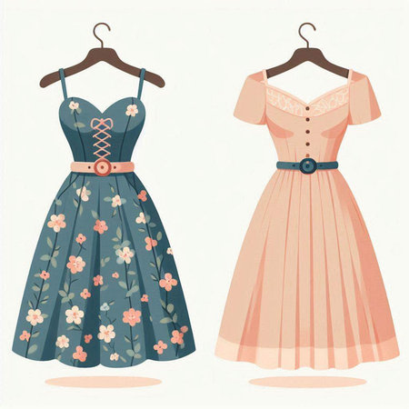 Wedding dresses with floral pattern. Vector illustration in retro style.のイラスト素材