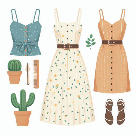 Set of summer clothes and accessories isolated on white background. Vector illustration.のイラスト素材