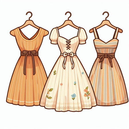 Women's dresses on hangers isolated on white background. Vector illustration.のイラスト素材