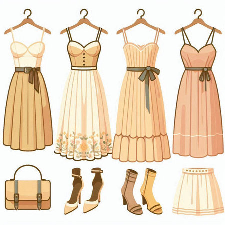 Illustration of a collection of different types of women's dresses.のイラスト素材