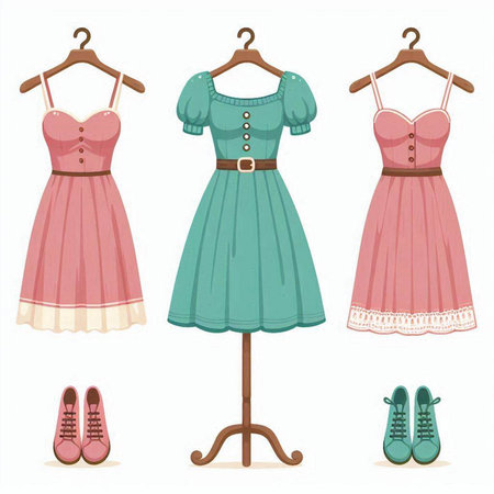 Set of women's dresses on a hanger. Vector illustration.のイラスト素材